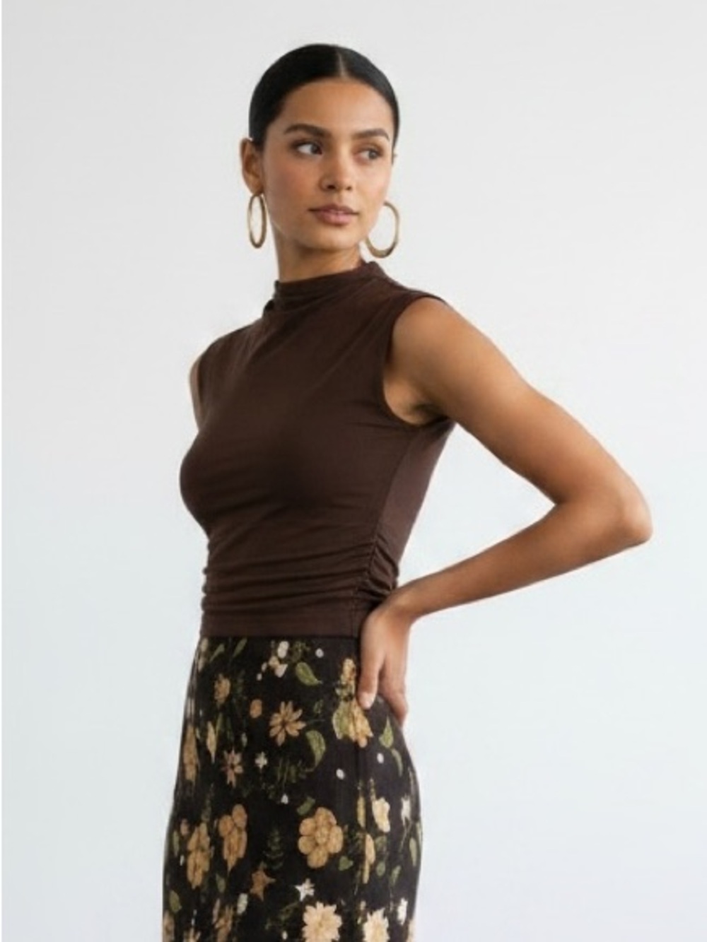 1471 • Espresso Mostly Rayon Knit Ruched Sides Sleeveless Mock Neck Stretchy Top